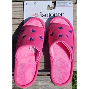 Isotoner Womens XL 9.5-10 Pink Sea Turtle Embroidered Slide Slippers New